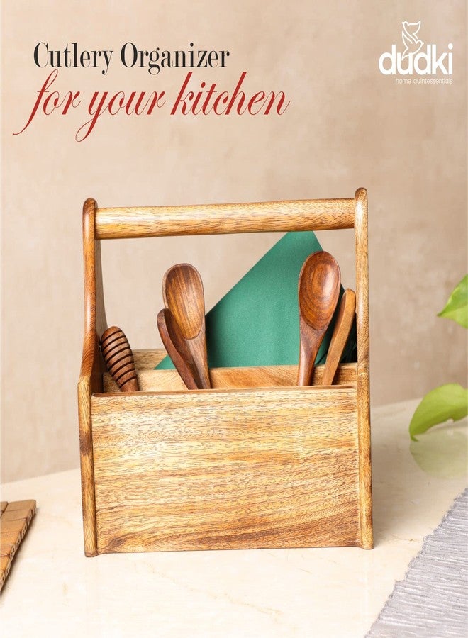 dudki Wooden Cutlery Holder | Spoon Stand for Dining Table | Cutlery holder | caddy organizer for kitchen storage spoons forks knifes tissue paper Dispenser | Mango Wood 4 Section - Image 3
